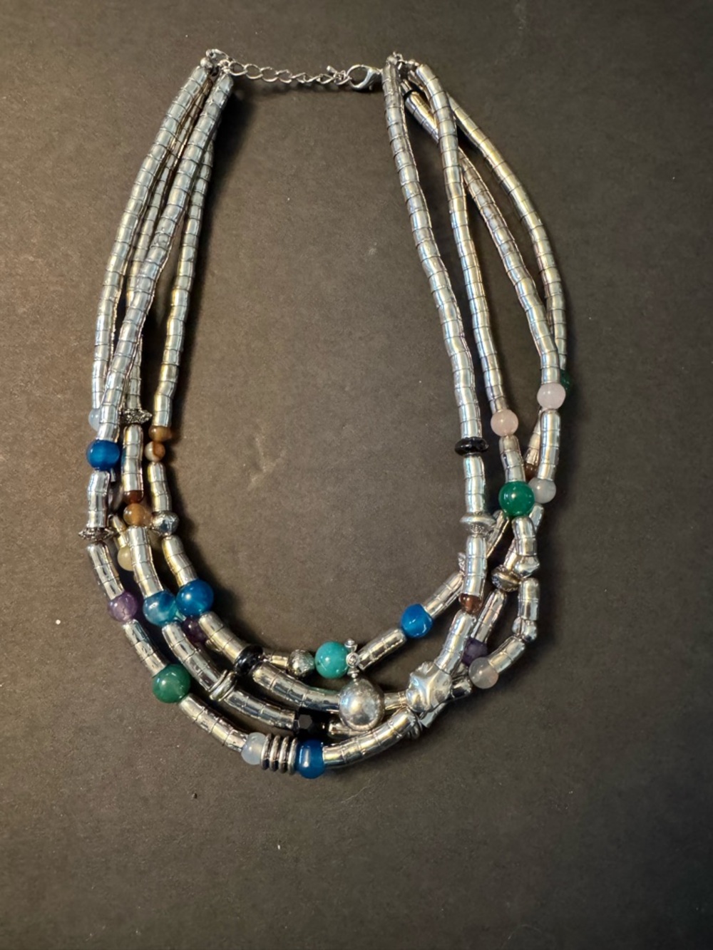 Multi-Strand Silver Beaded Necklace with Multicolor Gem Accents